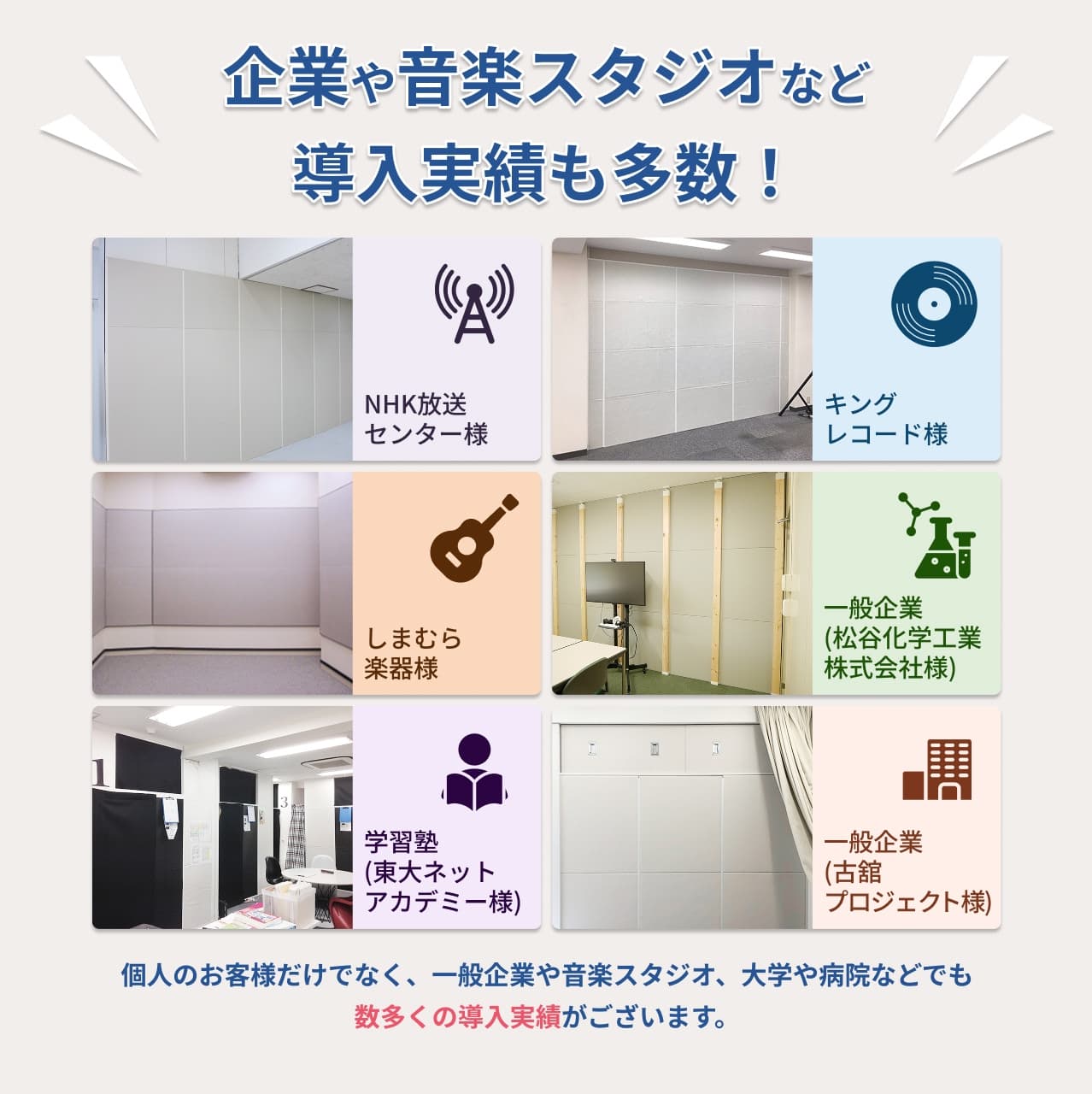 一般企業・音楽スタジオ・大学や病院での導入実績多数