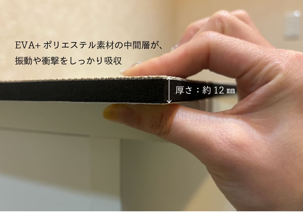 EVA＋ポリエステル素材の中間層で振動や衝撃を吸収する「リフェイスタイル」の断面構造。厚さ約12mmのクッション層が床衝撃音や足音をしっかり軽減します。