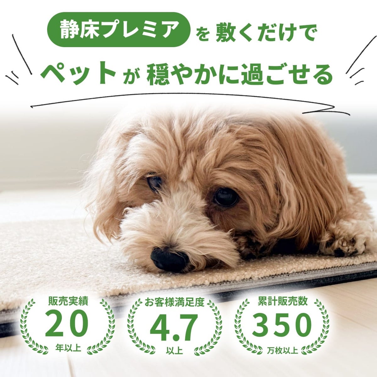 静床プレミアの機能紹介。防ダニ・抗菌・防炎・保温断熱に加え、ペットのニオイを抑える消臭機能とカットパイル構造。